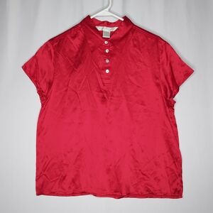 Express Silk Polo Women Medium Red Short Sleeve Button Collar Satin Blouse 90s